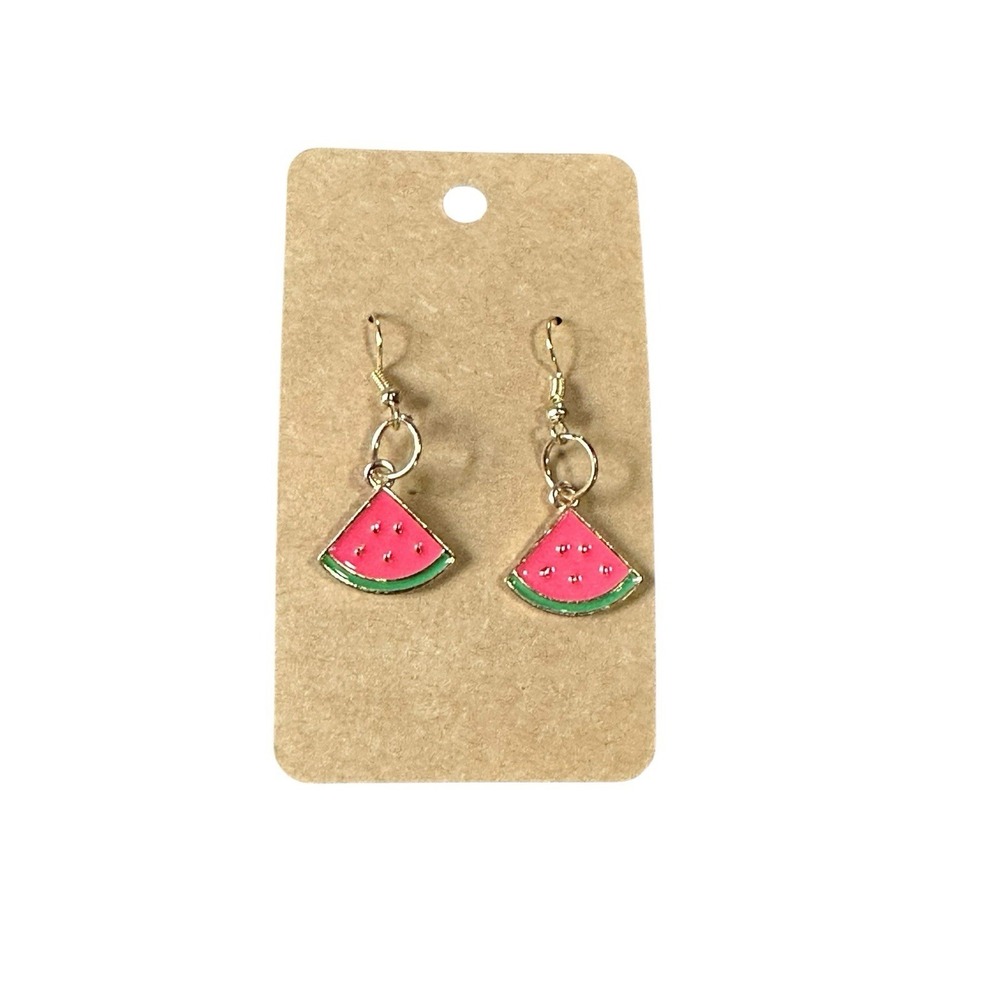 Handmade Pink Enamel Watermelon Slice Gold Tone Drop Dangle Earrings Summer